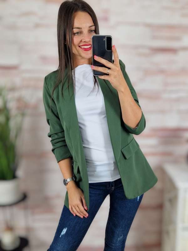 Karcsúsított, húzott ujjú, válltöméses, khaki blézer S-XL-ig