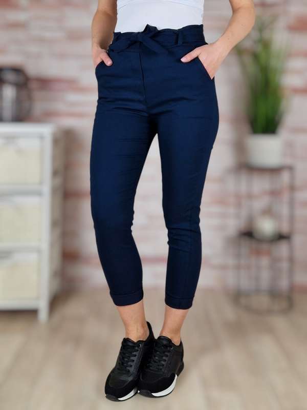 Megkötős, gumis és magas derekú, sötétkék nadrág S-XL-ig