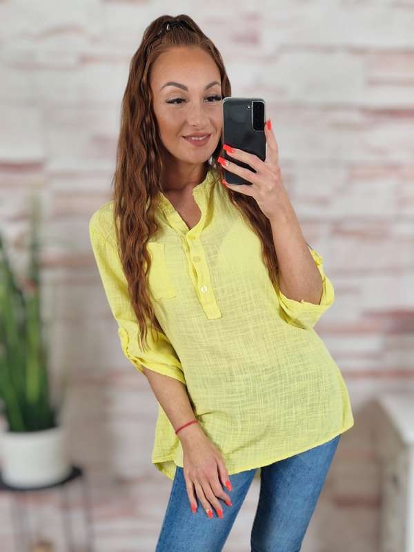 Hátul hosszított, roll-up ujjú, len anyagú felső M-L-XL