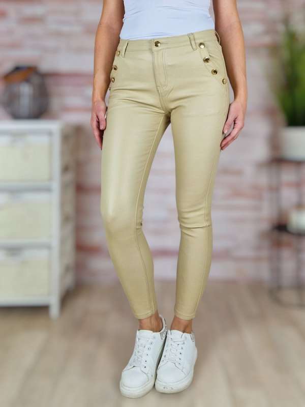 Díszgombos, bőrhatású, zsebes nadrág XS-XL-ig