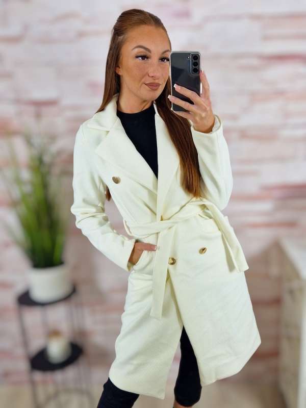 Megkötős és gombos, selyem bélésű, karcsúsított szövetkabát S-XL-ig