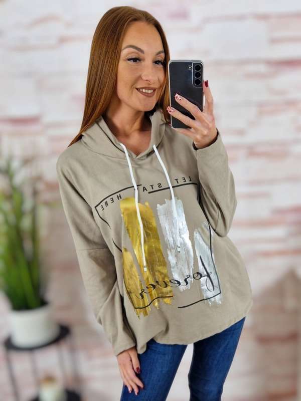 Kapucnis, mikroplüss anyagú, ejtett vállú pulóver M-L-XL