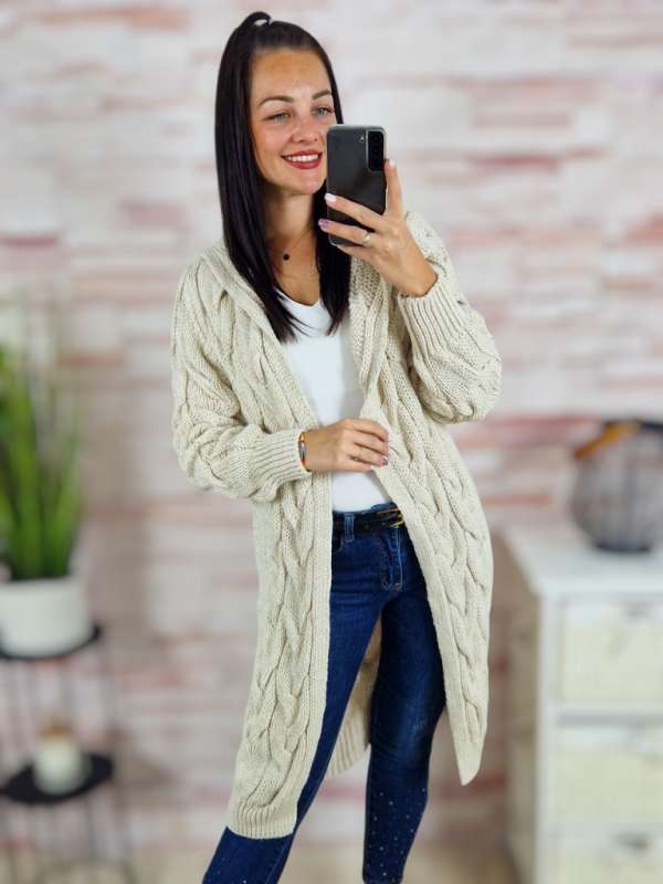 Kapucnis, nyitott, vastag kötött kardigán S-M-L