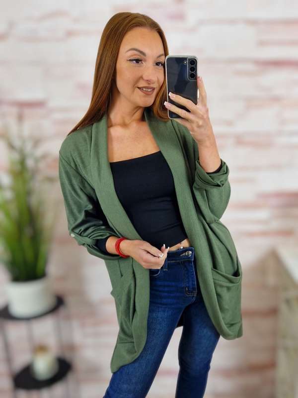 Roll-up ujjú, nyitott, zsebes kardigán L-XL (vastagabb anyag)