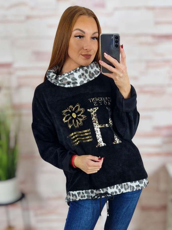 Garbós nyakú, hátul hosszított, bársonyos anyagú pulóver L-XL