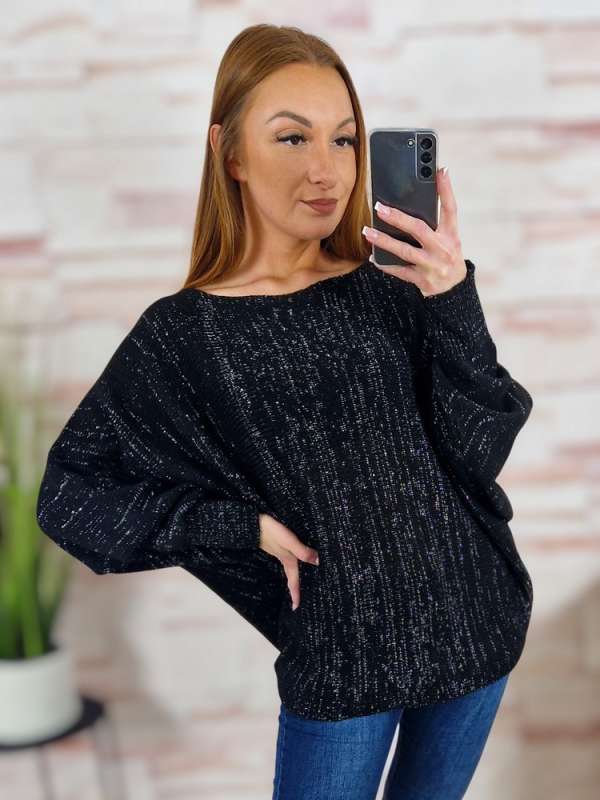 Denevér ujjú, ezüstszálas, kötött, szűkülő fazonú pulóver L-XL