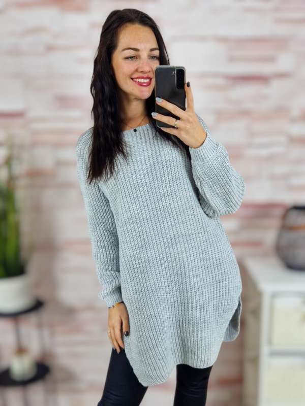 Ezüstszálas, kötött, két oldalt sliccelt pulóver M-L