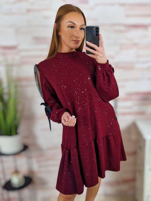 Csillámos, A vonalú, tüllös ujjú alkalmi ruha M-L