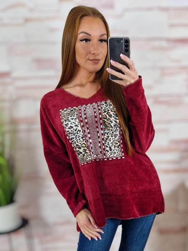 Köves és ezüstszálas díszítésű, vastagabb, bársonyos anyagú felső L-XL