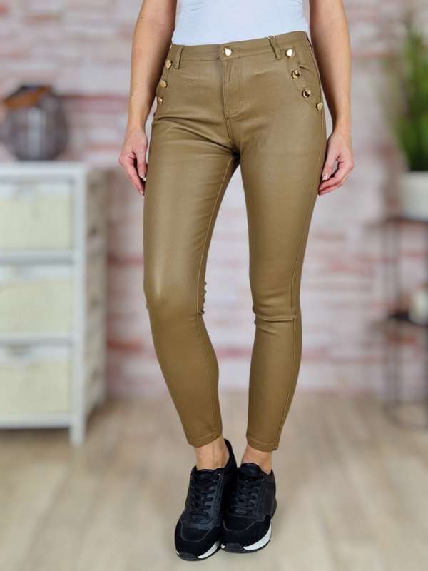 Díszgombos, bőrhatású, zsebes nadrág XS-XL-ig