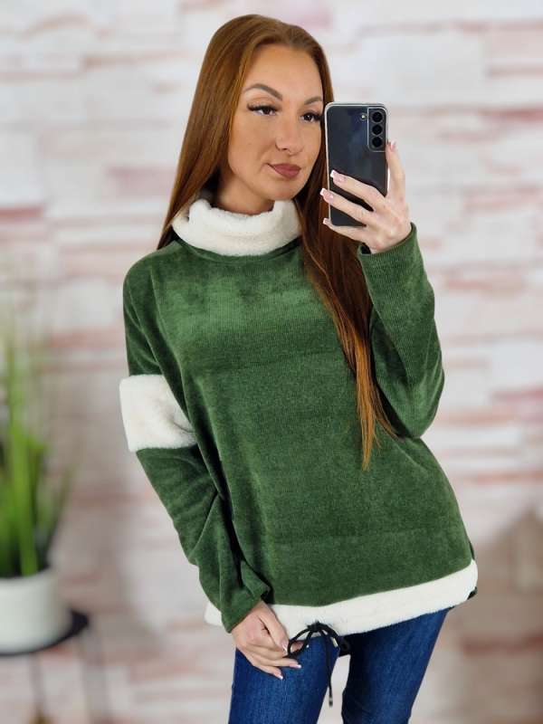 Alján megkötős, garbós és szőrmés nyakú, vastag anyagú pulóver L-XL