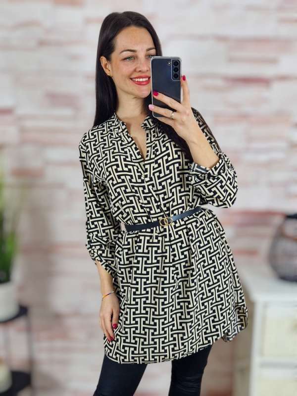 Mintás, hátul hosszított, öves ruha/tunika M-L