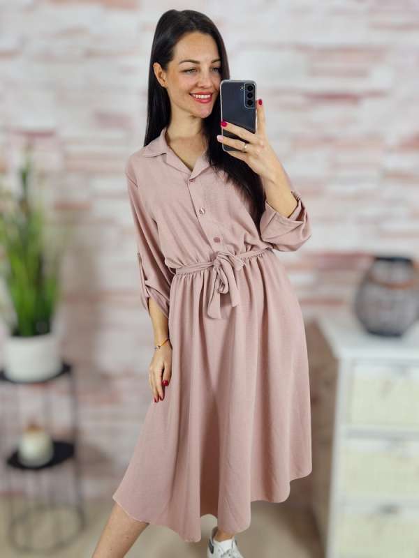 Deréknál megkötős, mellig gombos, roll-up ujjú ruha S-M-L