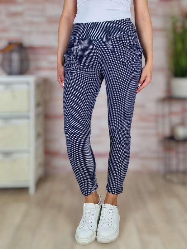 Apró pöttyös, zsebes, gumis derekú, sötétkék nadrág S-M,L-XL