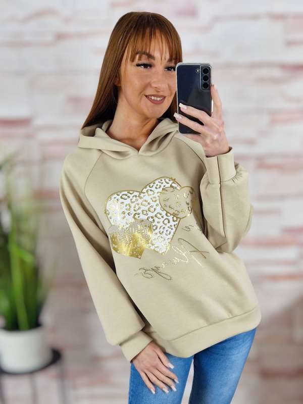 Kapucnis, szív mintás, passzés aljú és ujjú pulóver M-L