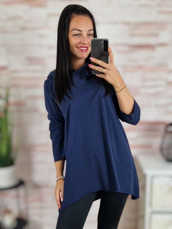 Kapucnis, hátul hosszított, sötétkék pamut tunika S-M-L