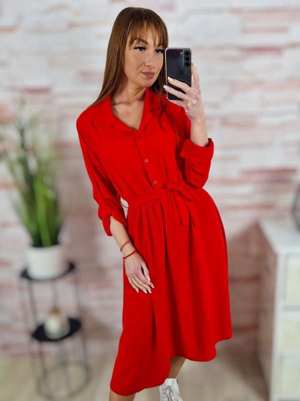 Deréknál megkötős, mellig gombos, roll-up ujjú ruha S-M-L