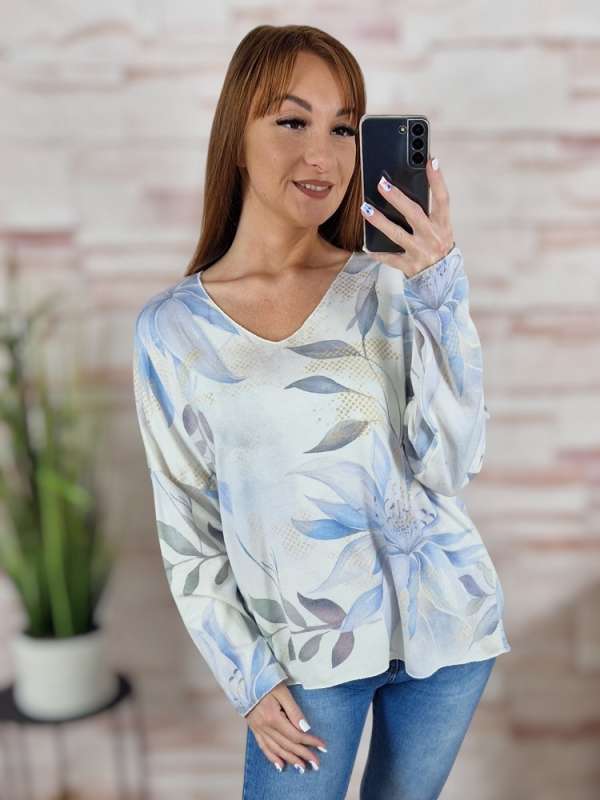 Virág és levélmintás, szűkülő fazonú, vékony kötött felső L-XL