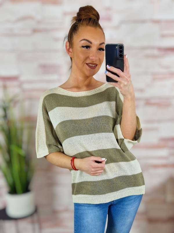 Csíkos, denevér ujjú, vékony kötött felső M-L