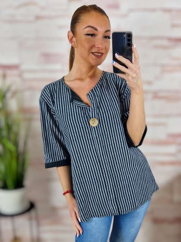 Csíkos, hátul hosszított, díszgombos, lenes anyagú felső L-XL