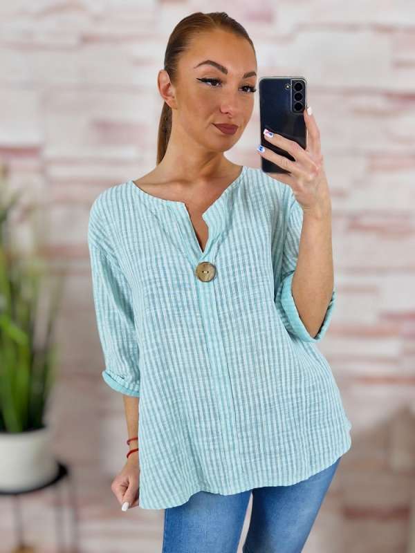 Csíkos, hátul hosszított, díszgombos, lenes anyagú felső L-XL