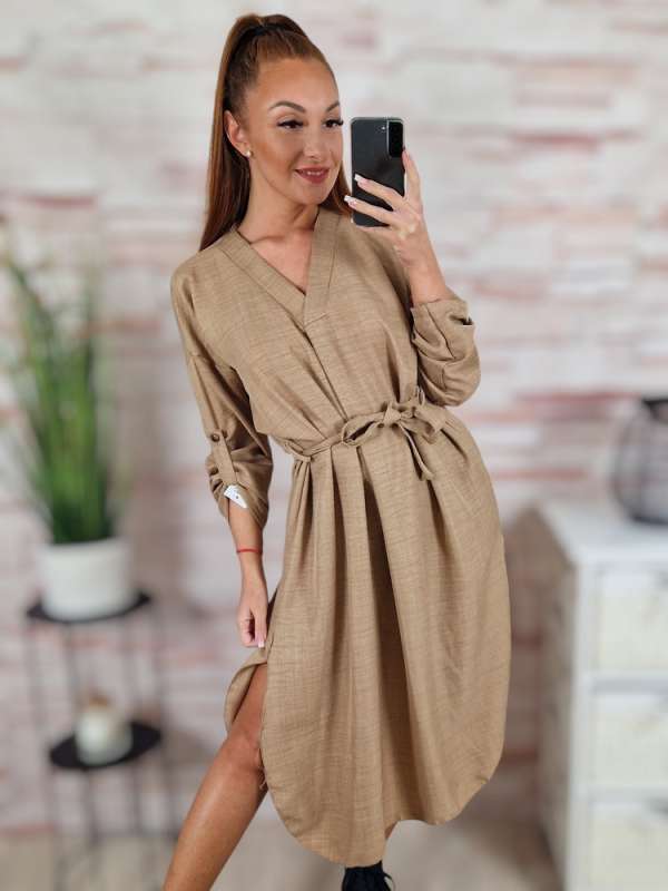 Deréknál megkötős, roll-up ujjú, oldalt sliccelt ruha M-L