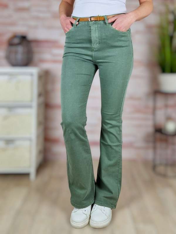 Bővülő szárú, öves, magas derekú, khaki trapéznadrág S-XXL-ig