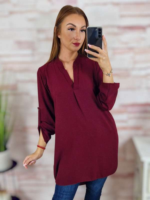 A vonalú, roll-up ujjú, hátul hosszított, bordó tunika M-L-XL
