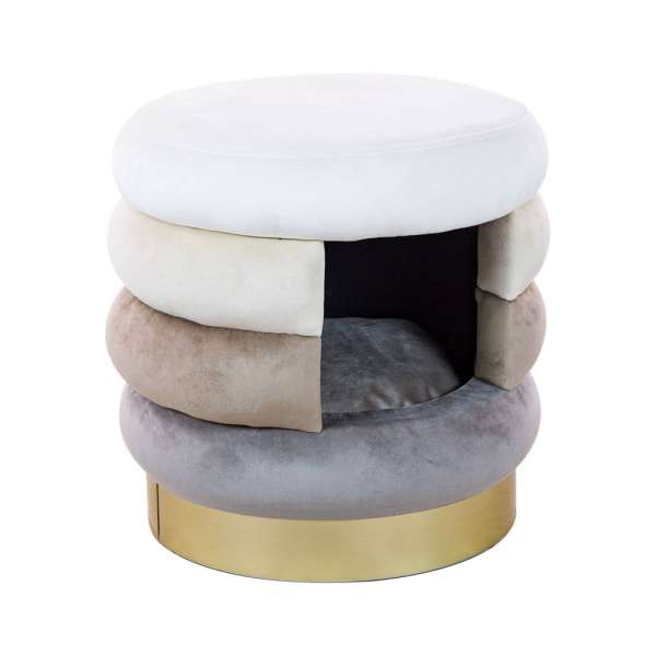 Csíkos bársonyszövet puff, kisállat házzal, bézs - TRIOPETS - Butopêa