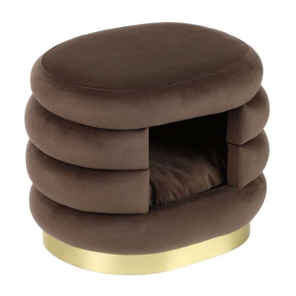 Bársonyszövet puff, kisállatházzal, barna - TRIOPETS - Butopêa