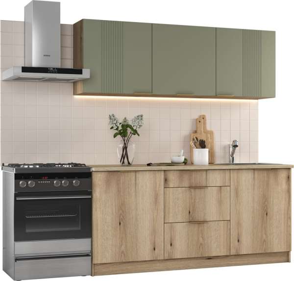 Konyhablokk 220 cm aranytölgy / szürke-zöld munkalappal - TERRE - Butopêa