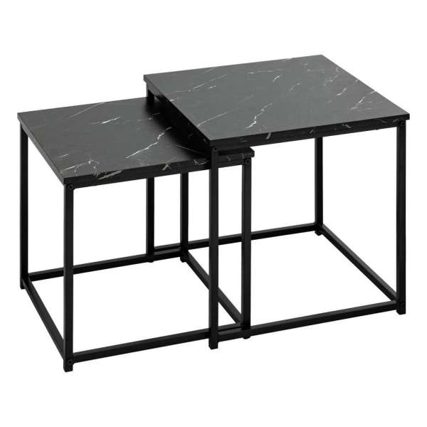 Dohányzóasztal 2 db-os szett, egymásba rakható, fa-fém, 40/36 cm, márványhatású fekete lap – FERVELLE - Butopêa