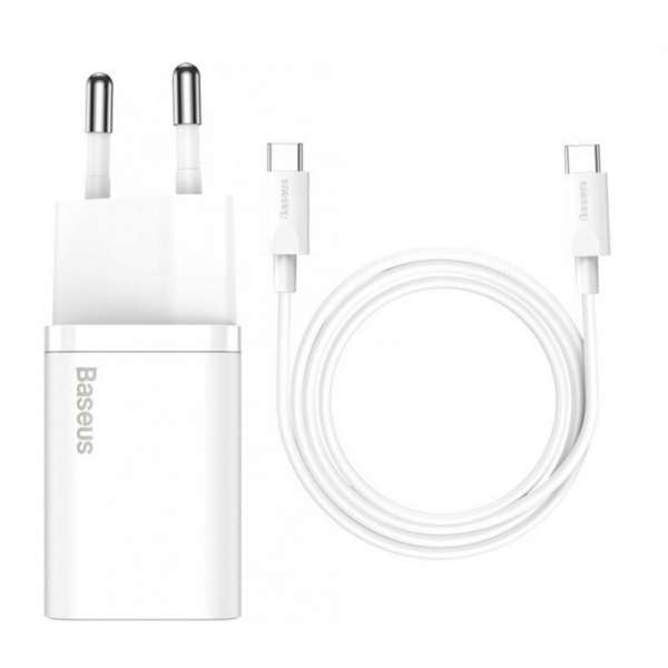 Baseus Super Si gyorstöltő 1C USB-C-USB-C 25W adapter 1 m-es kábellel, fehér