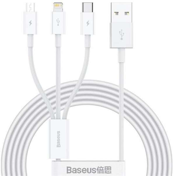 Baseus Superior 3 az 1-ben USB-kábel, USB-mikroUSB / USB-C / Lightning, 3.5A 1,5 m, fehér