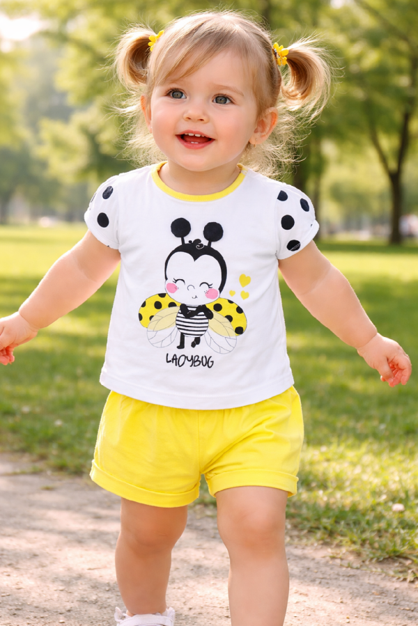2részes kislány nyári babaruha- Katicabogár, sárga Méret: 68-74