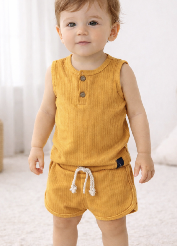 2 részes unixex nyári szett- Minimal, mustársárga Méret: 80 (9-12hó)