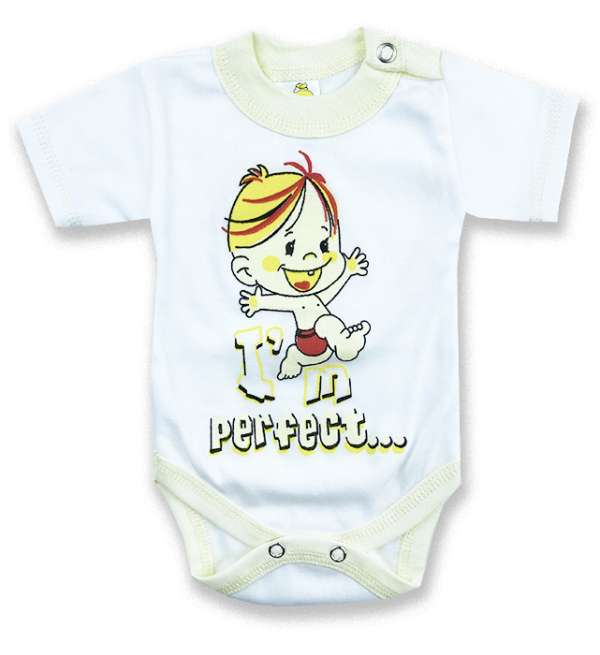 Baba body, rövid ujjú- PERFECT, fehér és sárga Méret: 80 (9-12hó)