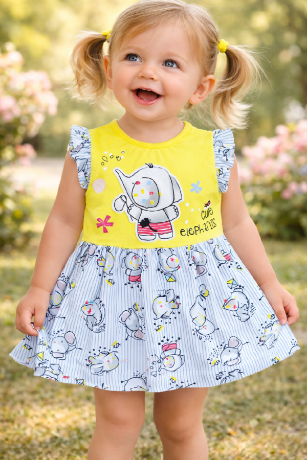 Kislány nyári ruha- Cuki sárga elefánt Méret: 80 (9-12hó)