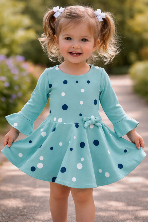 Hosszú ujjú kislány ruha- Pöttyök, türkiz Méret: 74 (6-9hó)