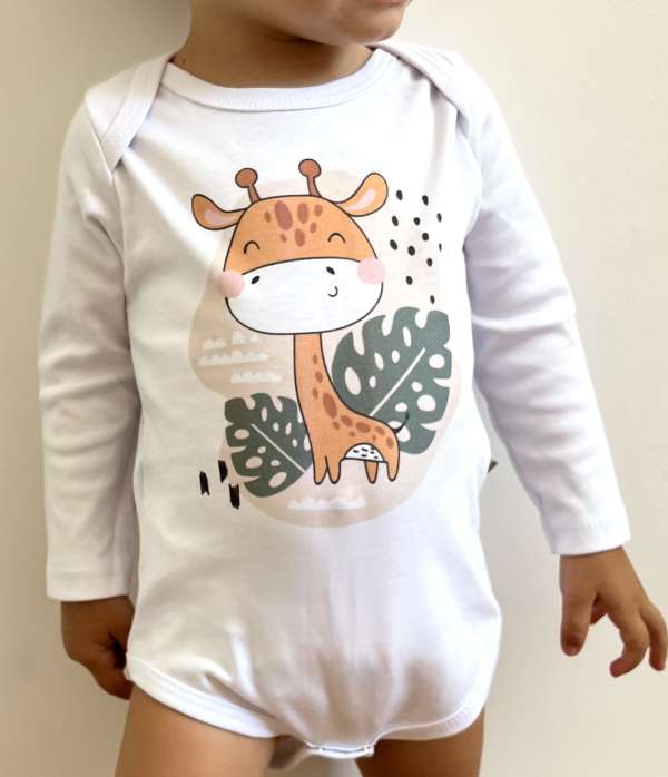 Egyedi baba body, hosszú ujjú- Zsiráf a vadonban Méret: 56 (0-2hó)