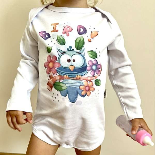 Egyedi baba body, hosszú ujjú- Bolondos madárka Méret: 98 (24-36hó)