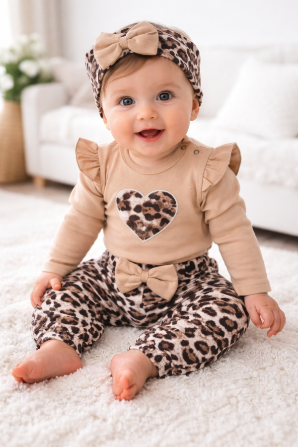 3 részes babaruha szett – szivecskés leopárd Méret: 74 (6-9hó)
