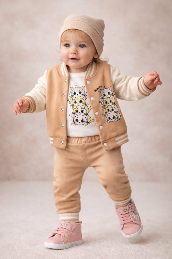 3részes babaruha szett- Macskás, bézs Méret: 68-74