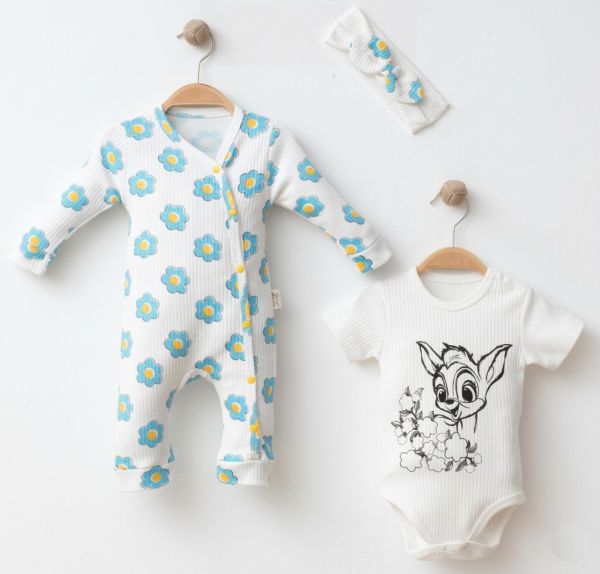3 részes baba szett – Rugdalózó, body és fejpánt – Őzike Méret: 74 (6-9hó)