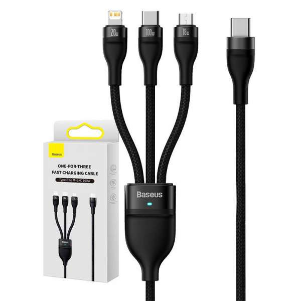 Baseus Flash Series 2, 3 az 1-ben USB kábel, USB-C / micro USB / Lightning, 100W, 1.5m (fekete)
