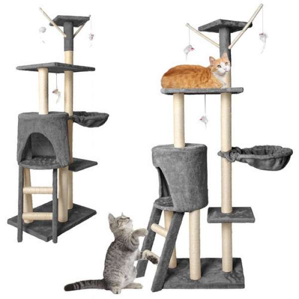 Torony típusú több fokozatú játszótér készlet macskáknak, játékokkal és létrákkal, 138cm, szürke szí