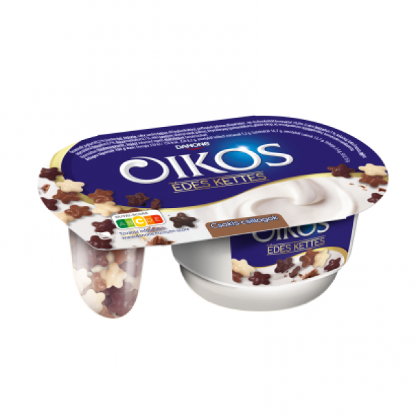 Danone Oikos Édes Kettes édesített joghurt vaníliaízű, csokoládéval bevont gabonacsillagokkal 102 g