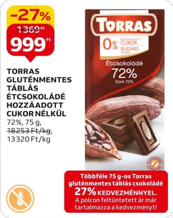 Torras Gluténmentes táblás étcsokoládé hozzáadott cukor nélkül