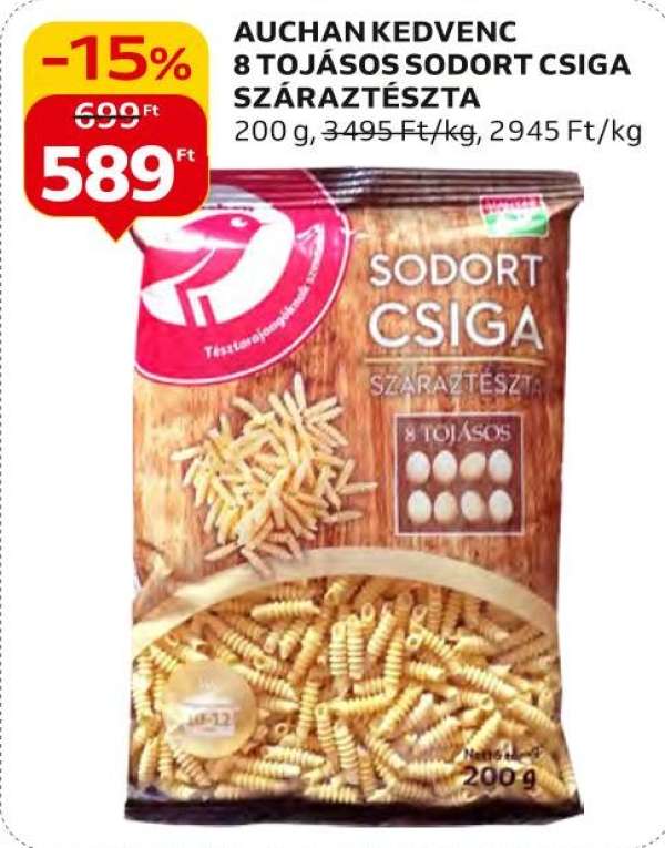 Auchan kedvenc 8 tojásos sodort csiga száraztészta