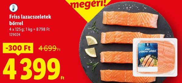 Friss lazacszeletek bőrrel